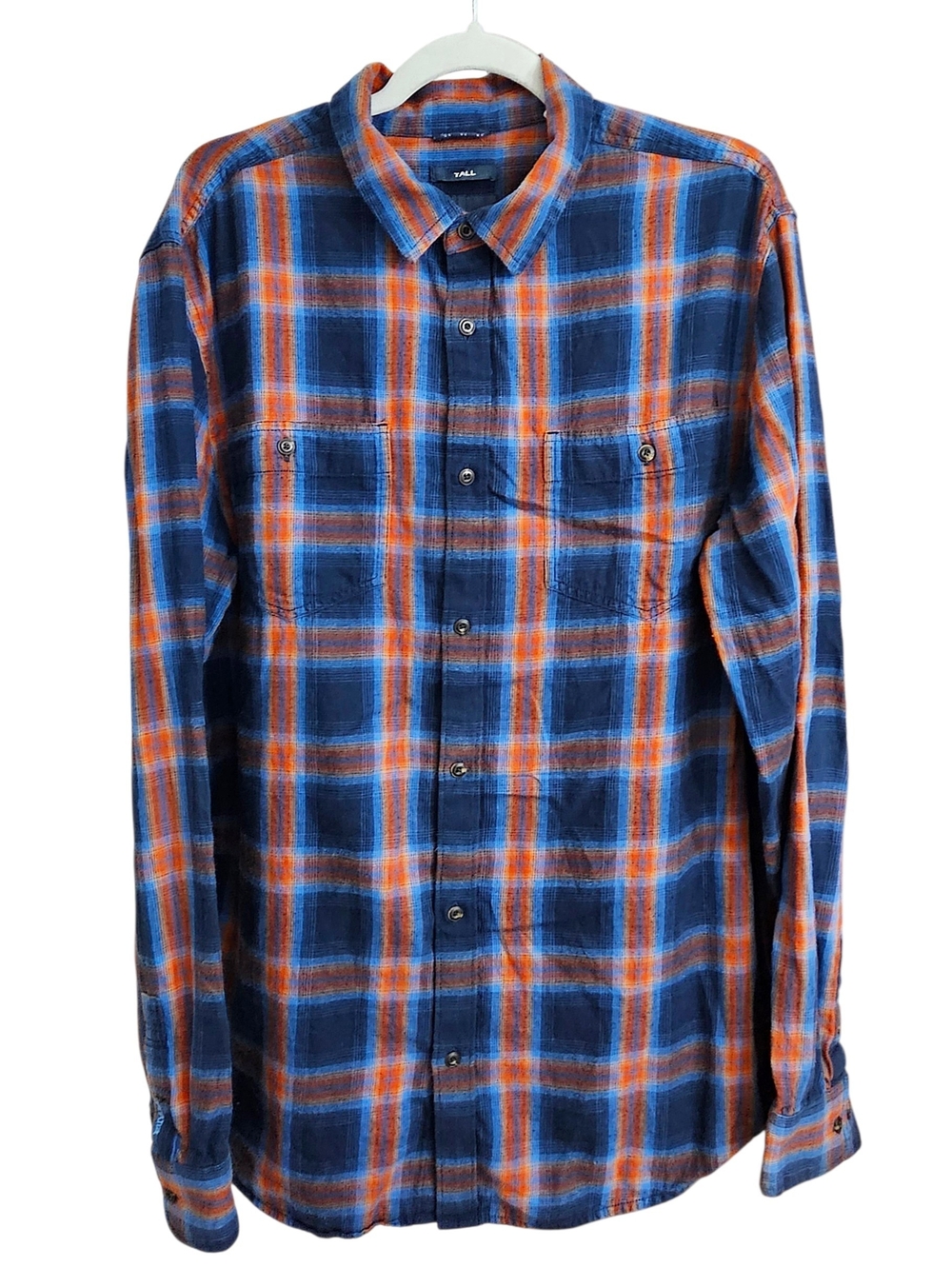 Prana Men's Navy & Orange Plaid Organic Cotton Button Down Shirt LT